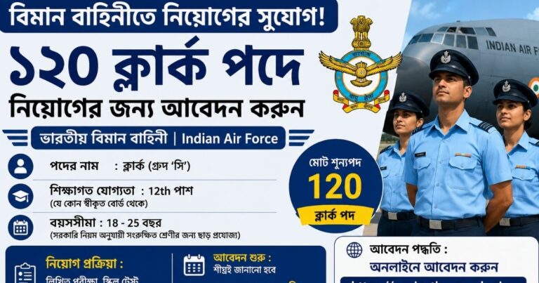বিমান বাহিনীতে নিয়োগের সুযোগ! ১২০ ক্লার্ক পদে নিয়োগের জন্য আবেদন করুন, জানুন বিস্তারিত।