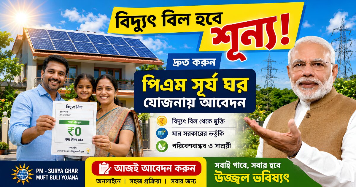 Hurry up and apply for PM Surya Ghar Yojana(বিদ্যুৎ বিল আসবে আসবে শূন্য, দ্রুত করুন পিএম সূর্য ঘর যোজনায় আবেদন।)